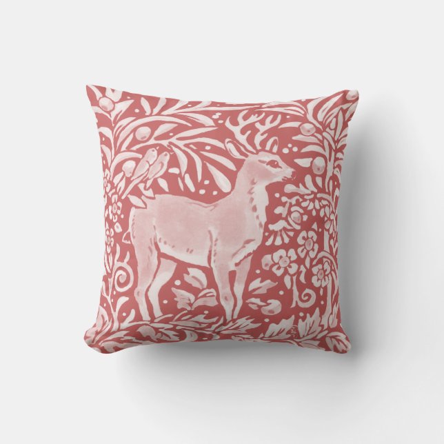 Coussin Rose Dusty Rose Cerf Bois Bois Oiseau Nature (Recto)