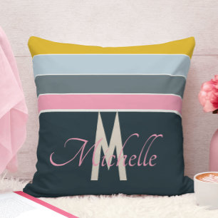 Coussin Rose et bleu marine rayé de sarcelle avec monogram