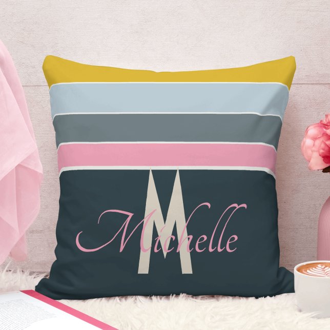 Coussin Rose et bleu marine rayé de sarcelle avec monogram (Créateur téléchargé)