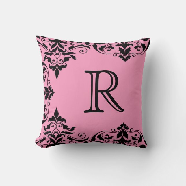 Coussin rose et noir de damassé de monogramme (Recto)
