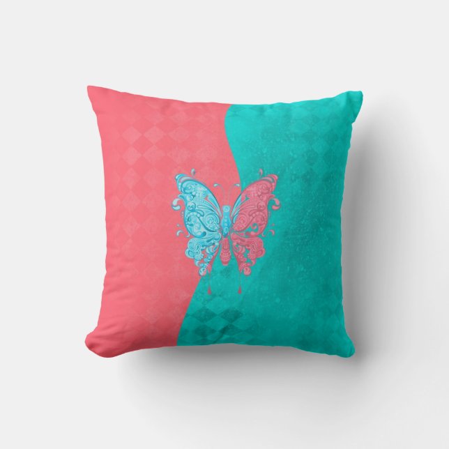 Coussin Rose et Teal de papillon de deux tons (Recto)