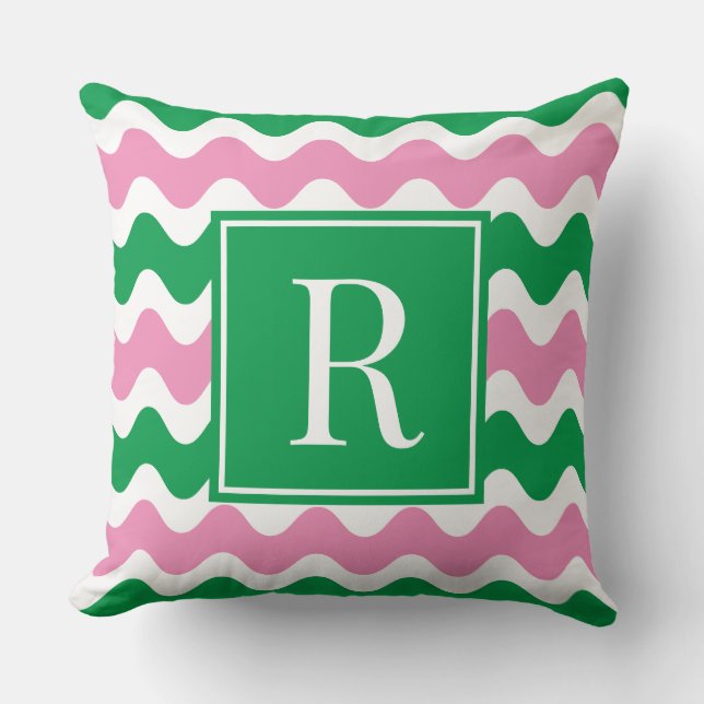 Coussin Rose et vert Prépa Rayure Ric Rac Monogramme  (Recto)