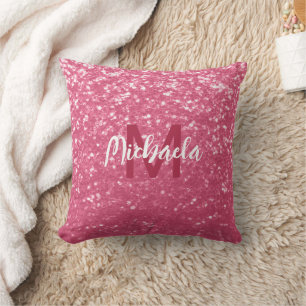 Coussin Rose faux pailleté rose clair Monogramme