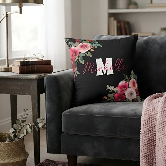 Coussin Rose Fleurale Monogramme Nom Personnalisé