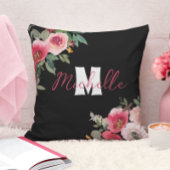 Coussin Rose Fleurale Monogramme Nom Personnalisé