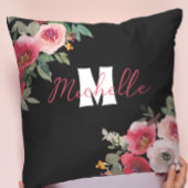 Coussin Rose Fleurale Monogramme Nom Personnalisé