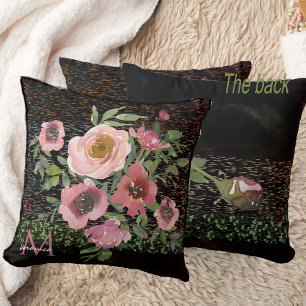 Coussin Rose Floral Noir