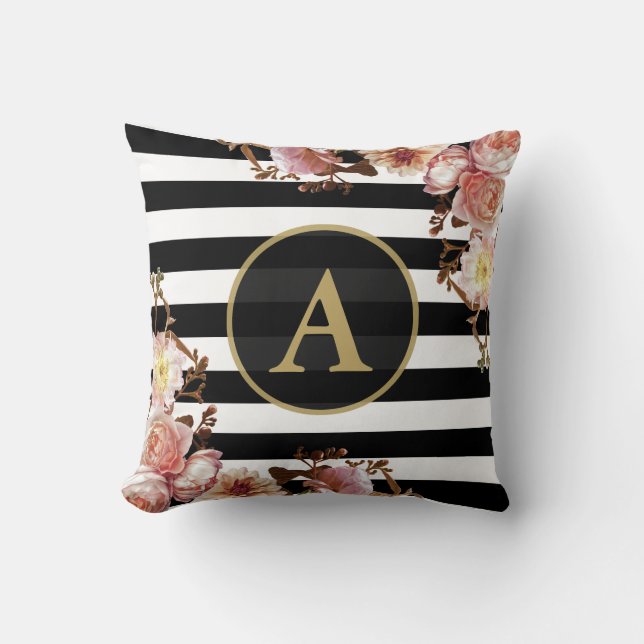 Coussin Rose Floral or Monogramme noir blanc bande (Recto)