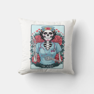 Coussin Rose Florale Squelette Infirmière Carte de Tarot H