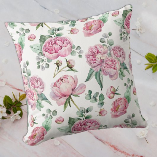 Coussin Rose Foncé Floral et Feuillage d'Eucalyptus Aquare