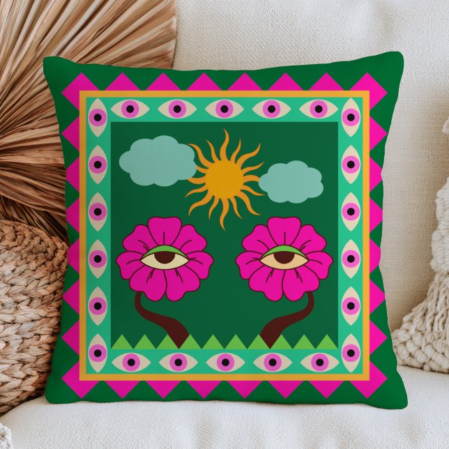Coussin Rose Fuchsia et Vert Émeraude Mauvais Œil Funky  (Créateur téléchargé)