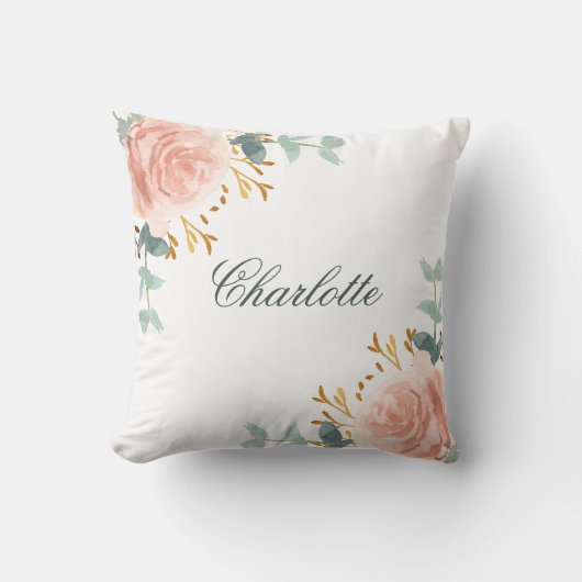 Coussin Rose gold blush fleurs verdure nom écriture (Recto)