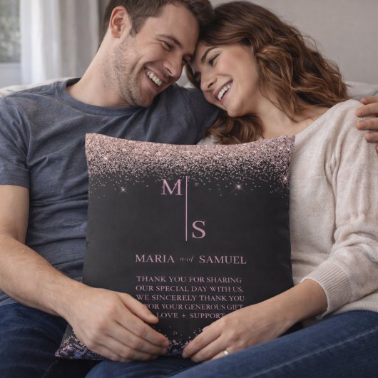 Coussin Rose Gold Blush Rose Argent Pailleté Script Person