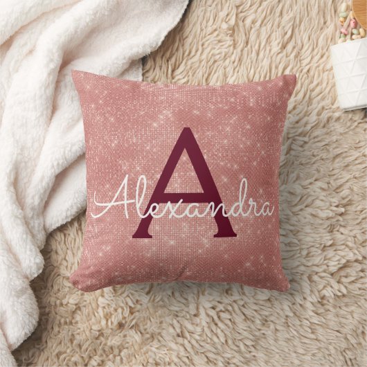 Coussin Rose Gold Burgundy Sparkle Nom du monogramme (Couverture)