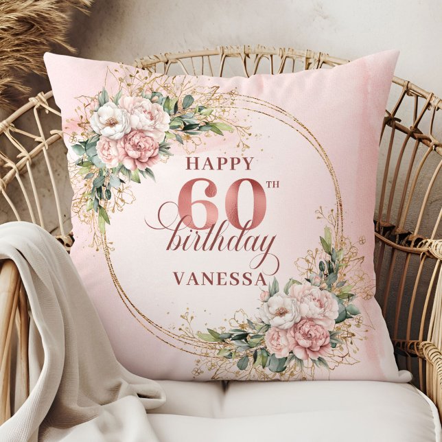 Coussin Rose Gold Élégante Conception Eucalyptus 60e anniv (Graceful Rose Gold Eucalyptus Design 60th birthday pillow)