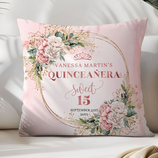 Coussin Rose Gold Floral Eucalyptus Quinceañera Gift (Rose Gold Floral Eucalyptus Quinceañera Pillow Gift)