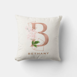 Coussin Rose Gold Floral Initial Personnalisé Thro
