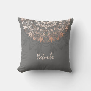 Coussin Rose Gold Grey Floral Mandala Monogramme