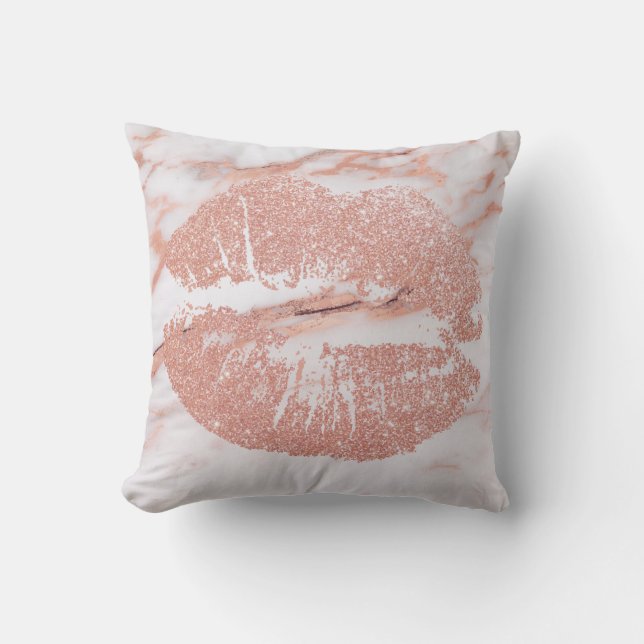 Coussin Rose Gold Lips Parties scintillant Blush Cuir Kiss (Recto)