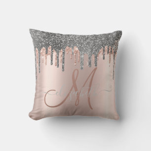 Coussin Rose Gold Moderne Monogramme avec Gouttes de Paill