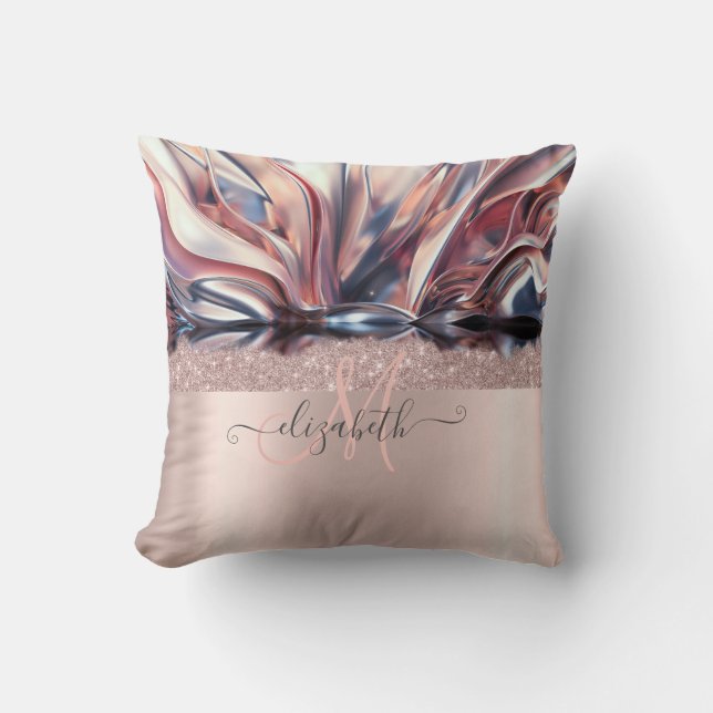 Coussin Rose Gold Moderne Pailleté Monogramme Abstrait  (Recto)
