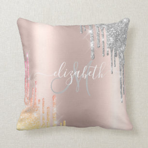 Coussin Rose Gold, Ombre Argent Paillettes en Gouttes Mono