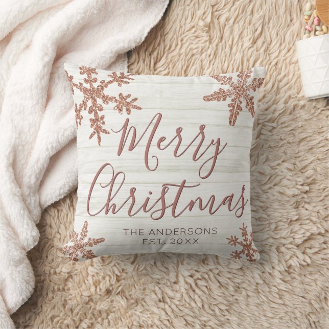 Coussin Rose Gold Snowflake Élégant Script Noël (Couverture)