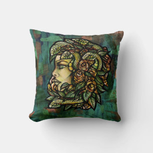 Coussin Rose Gorgon de serpents de Medusa verte