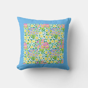 Coussin Rose, Jaune, Motif Primrose Bleu.