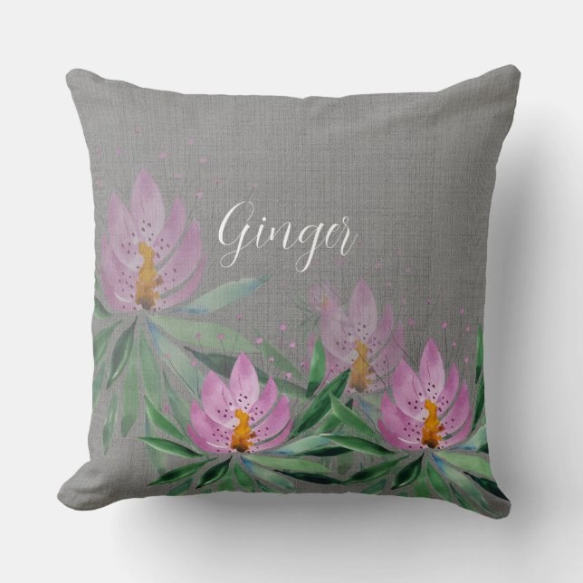 Coussin Rose Lilac Lotus Aquarelle Art Monogramme (Recto)