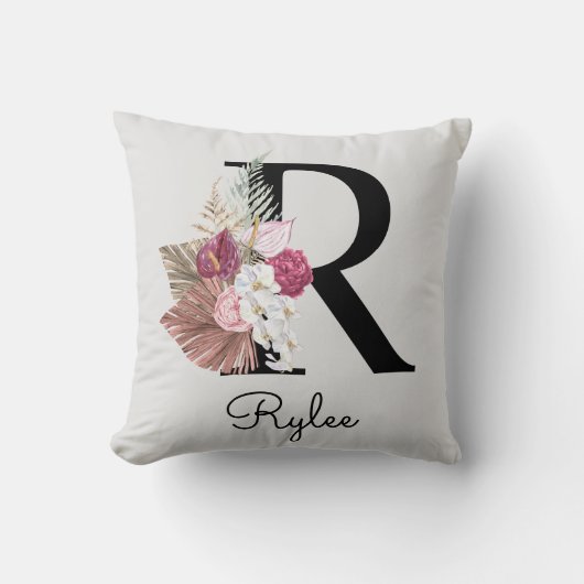 Coussin Rose Monogramme Bohème Rose Fleur Initiale R (Recto)