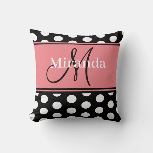 Coussin Rose Noir Blanc Points Monogramme Script (Recto)