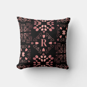 Coussin Rose noir Monogramme or Motif de patchwork cardiaq