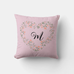 Coussin Rose Orange Floral et Vert Coeur Monogramme