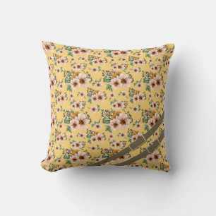 Coussin Rose pâle et floral botanique jaune