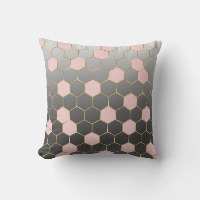 Coussin Rose Pâle Gris & Or Hexagone Moderne Glamour (Recto)