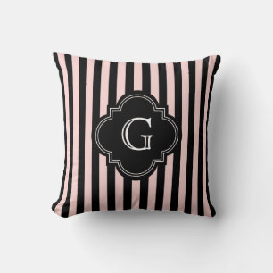 Coussin Rose Pâle, Motif Rayure Noire Monogramme
