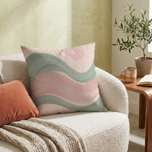 Coussin Rose Pâle Vert Sauge Motif Abstrait Ondulé