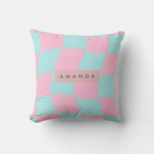 Coussin Rose pastel personnalisé et damier ondulé aqua