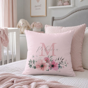 Coussin Rose poudré chic botanique aquarelle florale