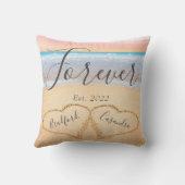 Coussin Rose Poudré Chic Plage Couple Coeurs Sable  (Verso)