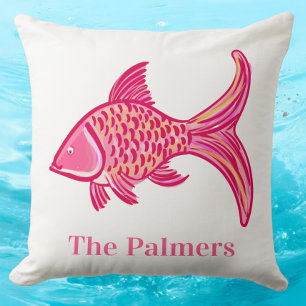 Coussin Rose Préppy et Poisson Orange Personnalisé