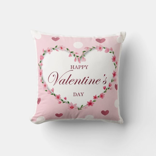 Coussin Rose Rose Floral Coeurs Cadeaux de la Saint Valent (Recto)