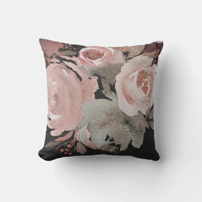 Coussin Rose Rose Glitter Roses Dark Floral Glam Elegant (Recto)