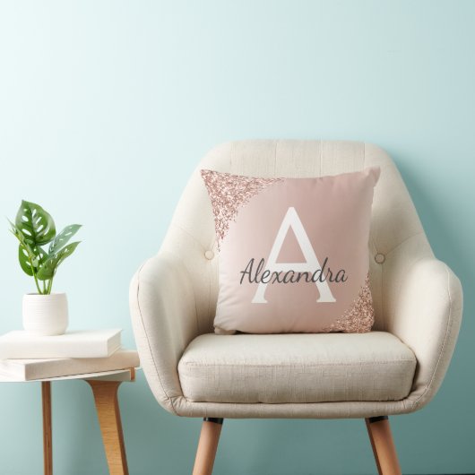 Coussin Rose Rose Or Brossé métal Girly Script Monogramme (Chaise)