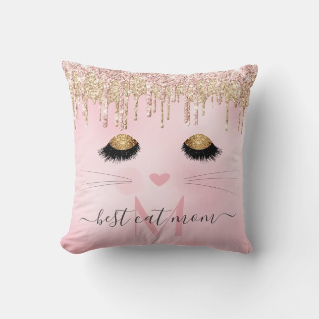 Coussin Rose rose or meilleur chat maman monogramme (Recto)