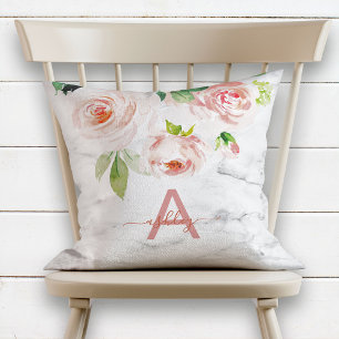 Coussin Rose rose pâle Nom du marbre floral Monogramme