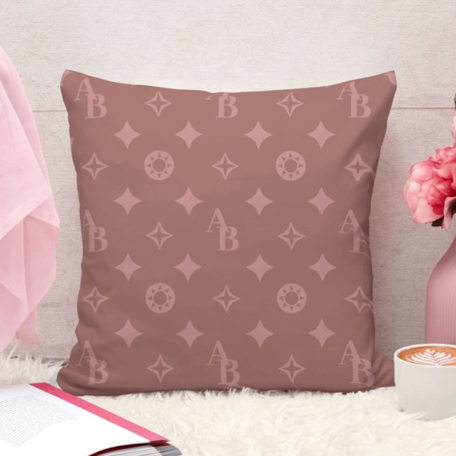 Coussin Rose rose sur Mauve Motif initial de monogramme pe (Créateur téléchargé)