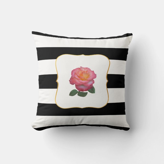 Coussin Rose rose sur noir et blanc rayé (Recto)
