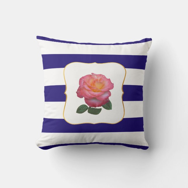 Coussin Rose rose sur rayures bleu marine et blanc (Recto)